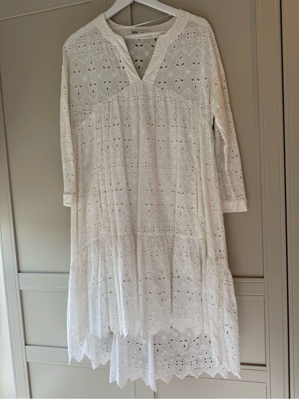 Zara White Eyelet Tiered Midi Dress